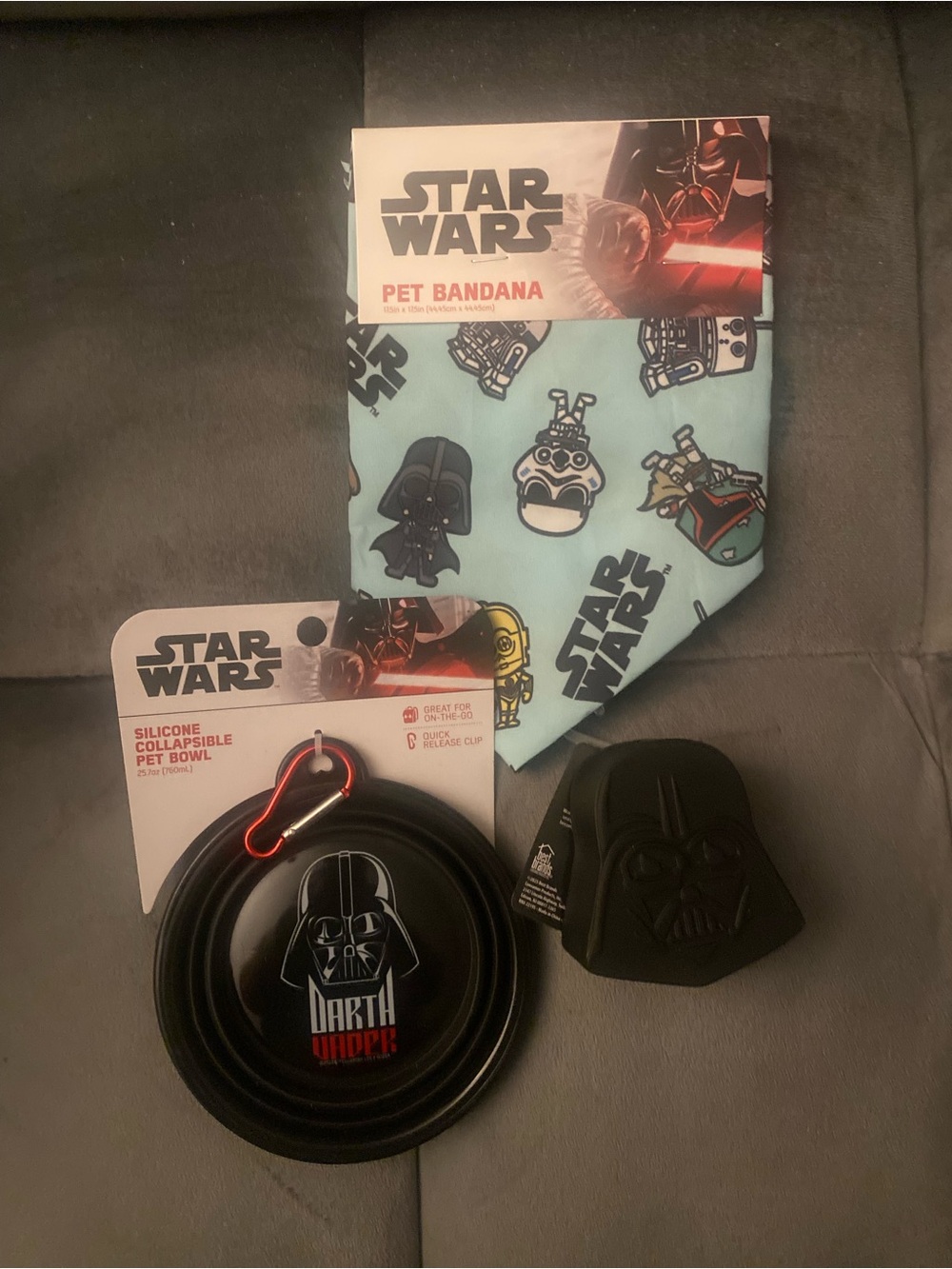 Star Wars Light Blue Pet Bandana with portable water bowl and squeaky toy